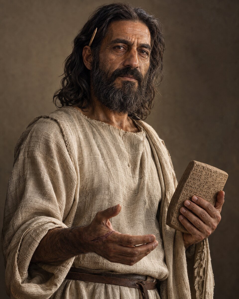 Approved development portrait of Enoch holding a clay tablet